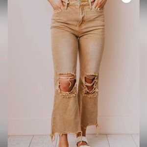 Brown distressed cropped flares